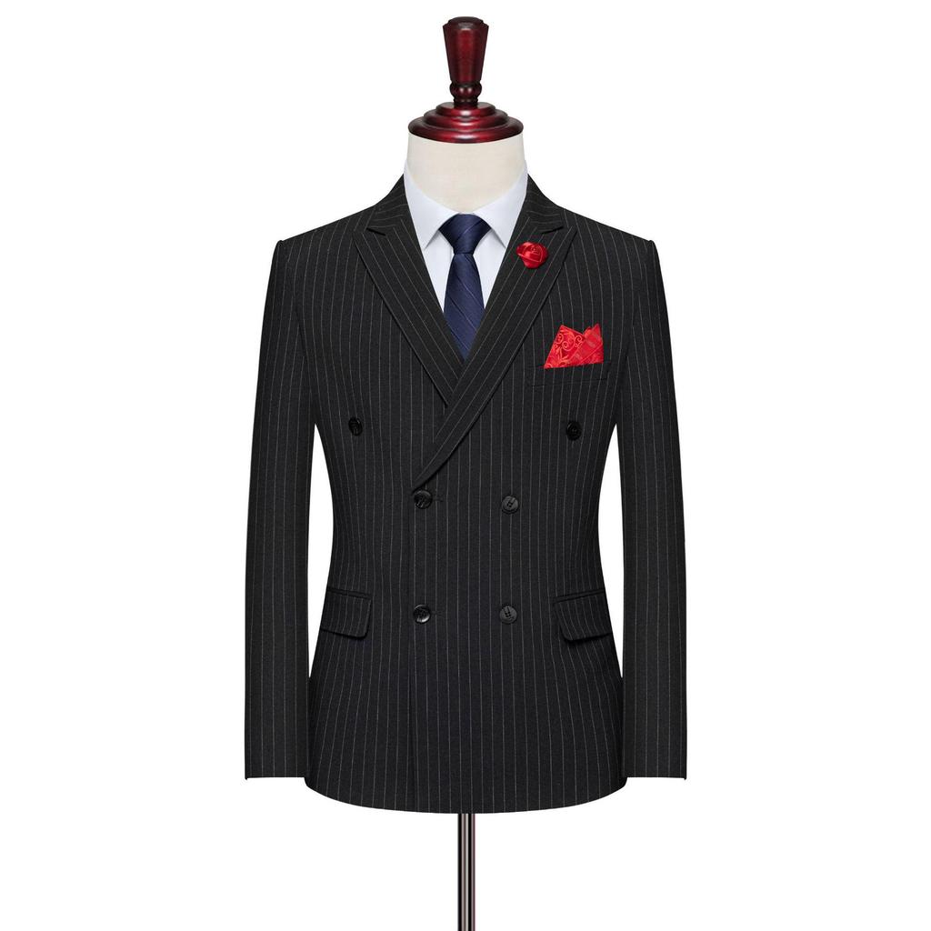Men's Double-Breasted Striped Stretch Suit Set, Loose Fit, Plus Size for Big & Tall, Perfect for Weddings.