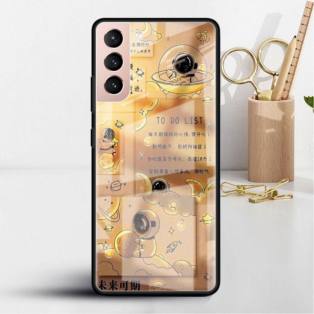 Glass Case For Samsung Galaxy S22 S20 FE S21 5G S10 S9 Plus Note 10 20 Lite Tempered Phone Cover Astronaut Cartoon