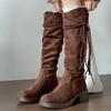 Khaki Retro Thick Heel Boots Boots Women's 2025 New Autumn Small Slim Pile Western Cowboy Boots