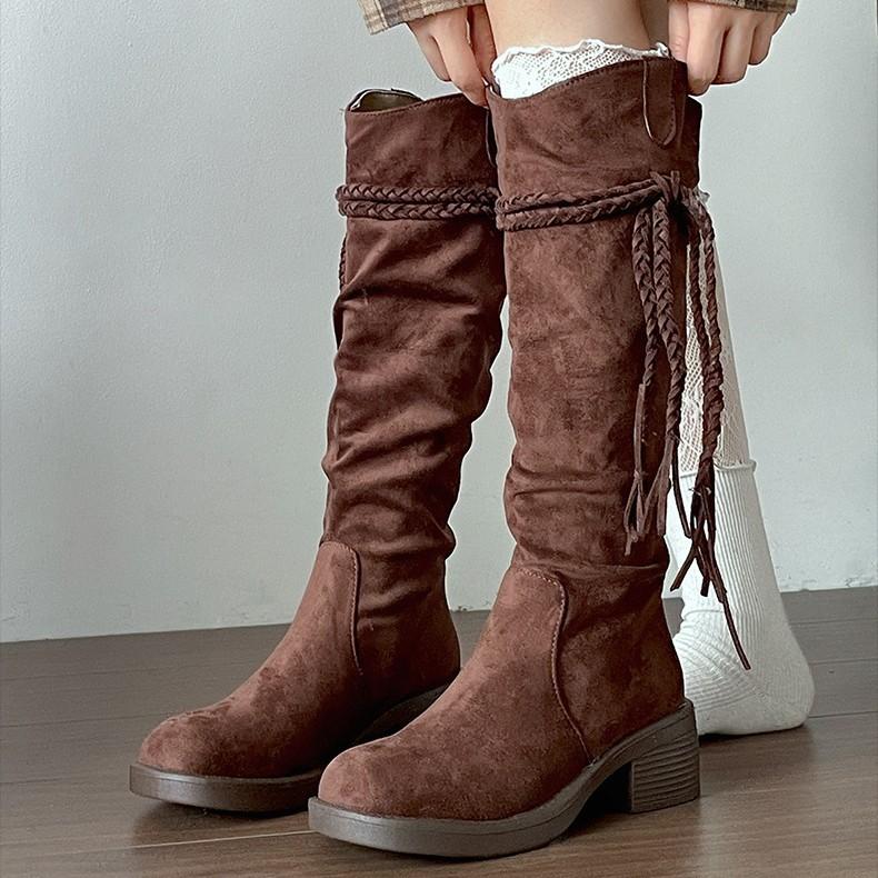 Khaki retro thick heel boots boots women's 2025 new autumn small slim pile western cowboy boots