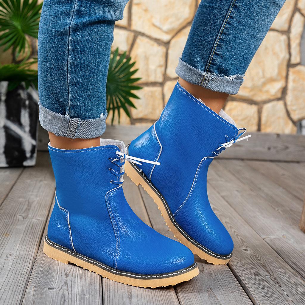 Shoes for Women Plus Size 36-43 Ankle Boots PU Leather Casual Lace Up Plush Warm Snow Boots Solid Color Platform Botas De Mujer