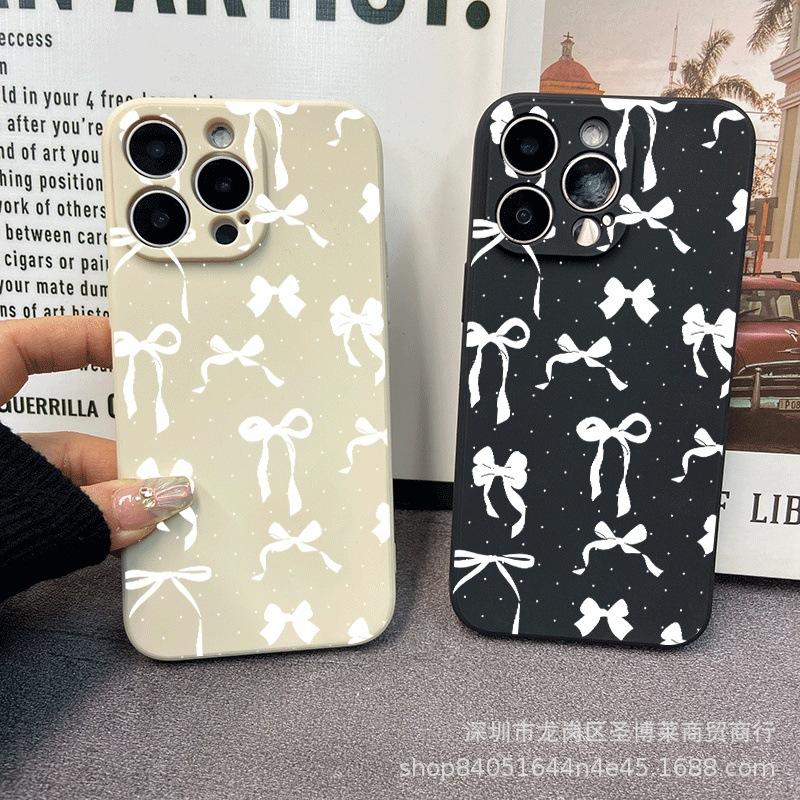 White bow is suitable for iPhone15 mobile phone case 14PROMAX all-inclusive 13/11 anti-drop 16/15 protective case 17.