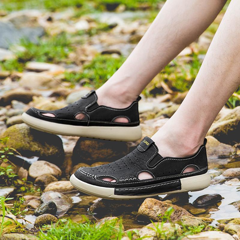 Sandale Casual din Piele pentru Bărbați, Durabile, Cusături Manuale, Pantofi cu Vârf Închis, Antiderapanți, Pentru Interior, Exterior, Plajă