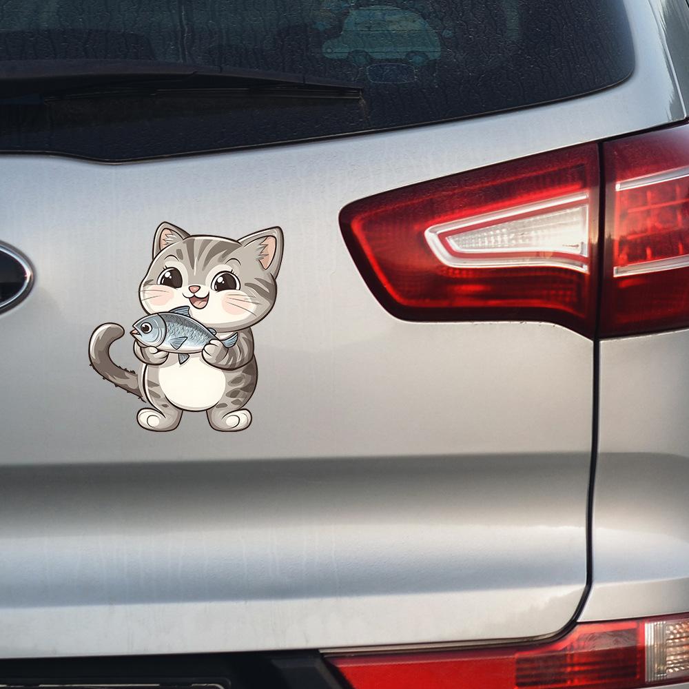 Cartoon Kitten Catching Fish Glass Car Beautification Decoration Stickers