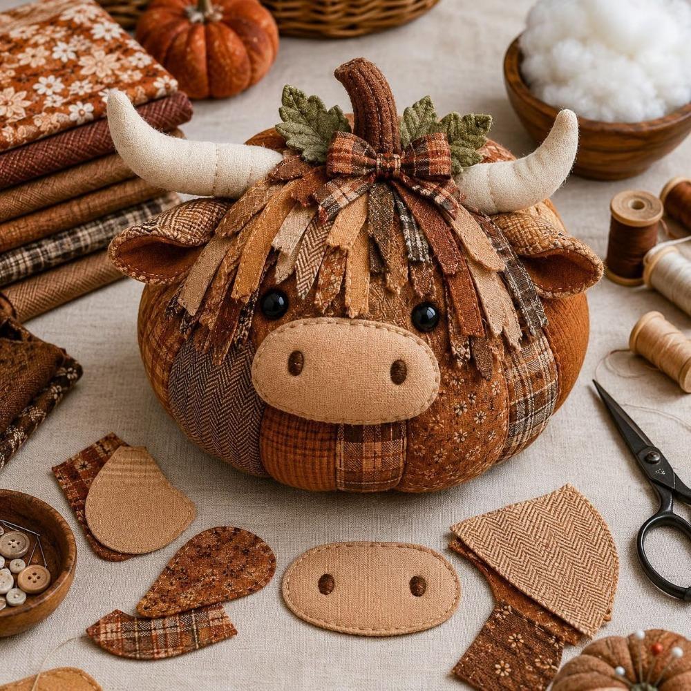 Vintage Style Whimsical Patchwork Pumpkin Fabric Kit Fall Animal Stuffed Patchwork for Hobbyists