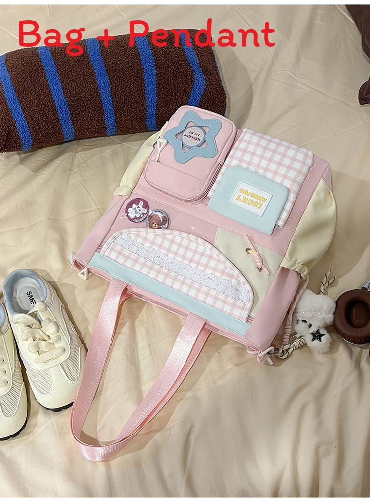 

Cute Plaid Backpack With Fabric For School Use Pink B