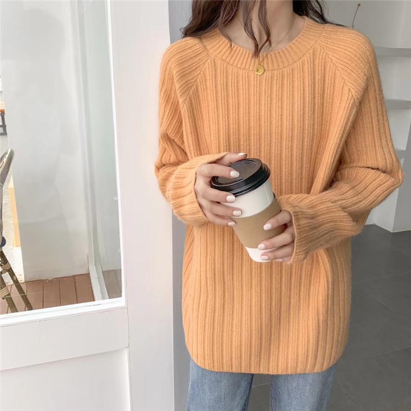 Lazy Style Korean Early Autumn Gray Round Neck Loose Sweater Knit Top 2025