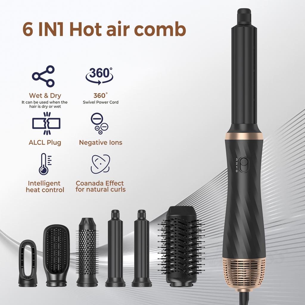 6-in-1 Hair Styler 1000W Fast Drying Motor Auto-Wrap Curling Iron Hot Air Brush Straightening Tools