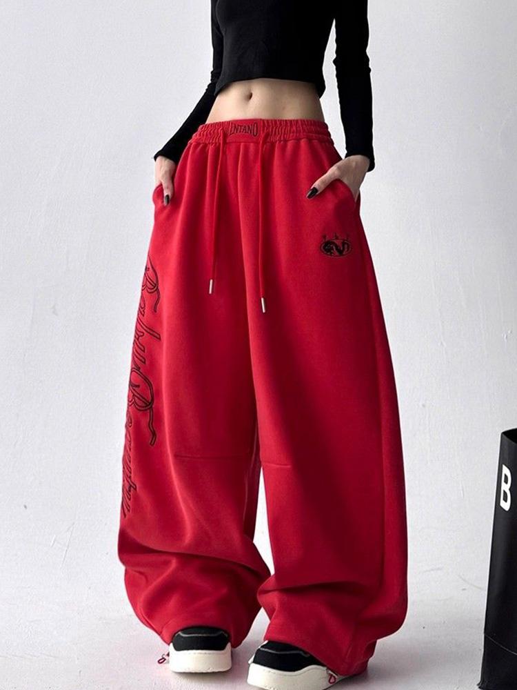 Christmas Red Letter Sweatpants Women Loose Vintage Hip Hop American Pant High Waist Bf Streetwear Pockets Lace Up Wide Leg Pans