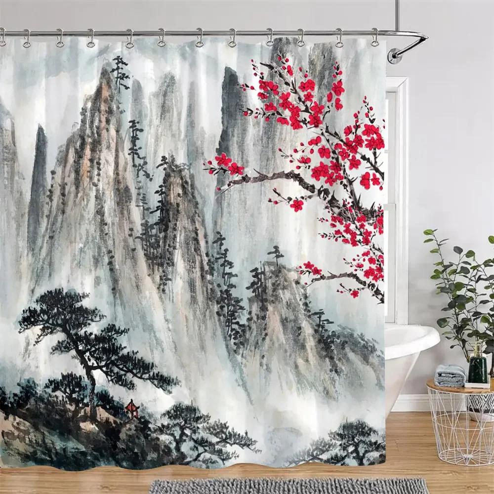 Chinese Japanese Cherry Blossom Ink Painting Shower Curtain Landscape Waves Art Creative Polyester Bath Curtains Bathroom Decor