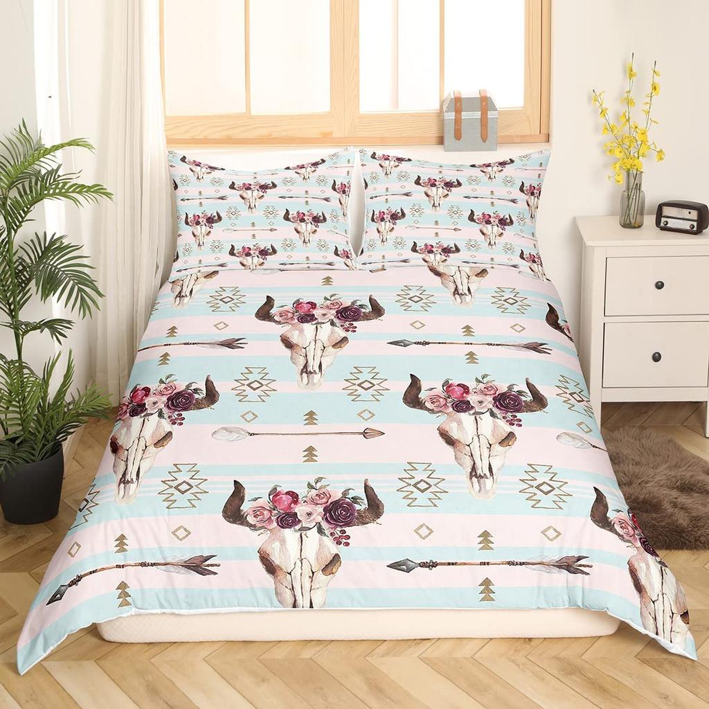 Bull Skull Bedding Set Boho Mandala Duvet Cover for Children Teens Bohemian Feather Print Comforter Cover Animal Skull Pattern