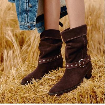 Square Gun Same Knight Boots Women's 2025 Autumn and Winter New Northwest Wind Stacking Boots Retro Pointed Skinny Stacking Boots