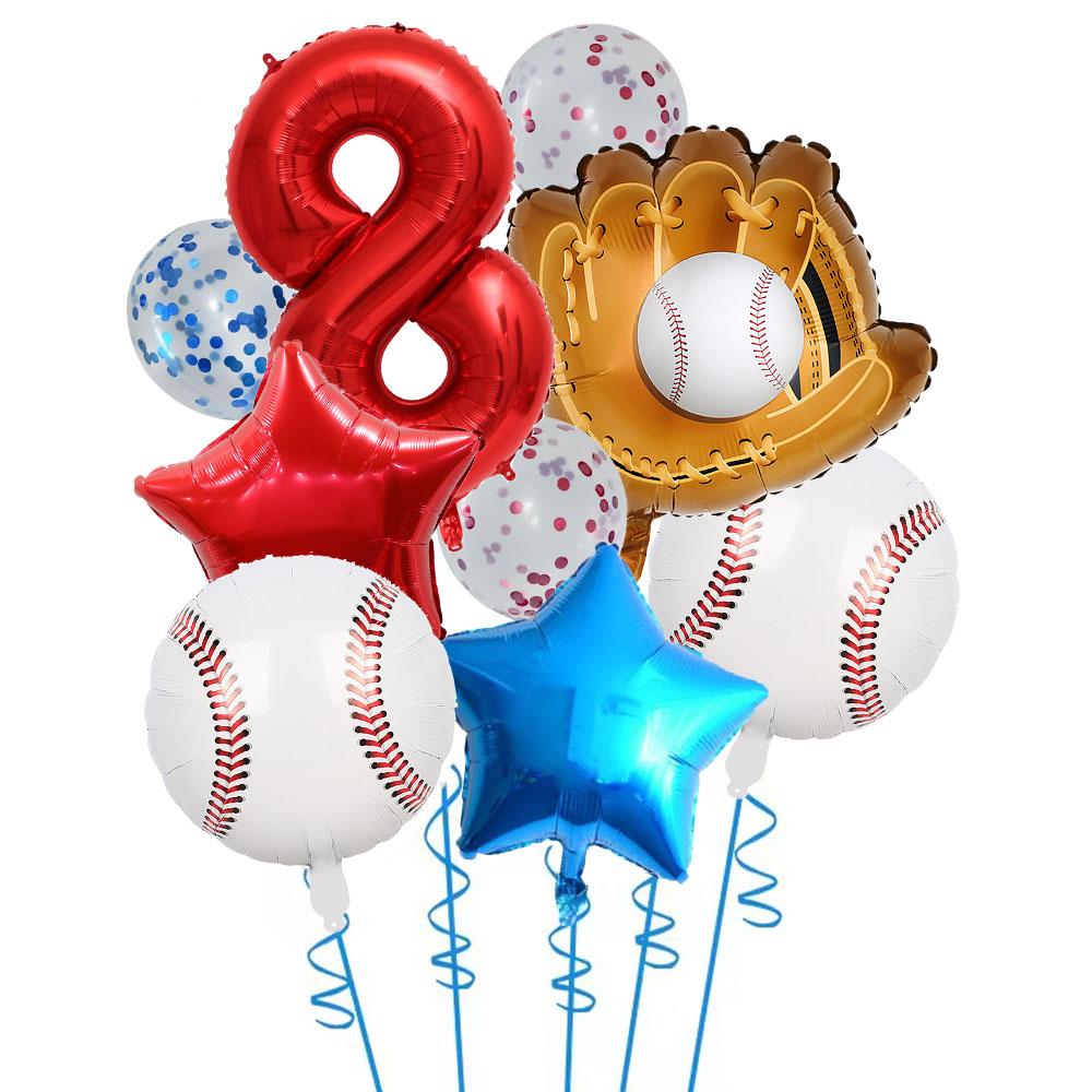 9pcs Baseball Themed Aluminum Foil Balloon Set 32inch Digital Pentagram Glitter Ball Children's Birthday Party Decoration