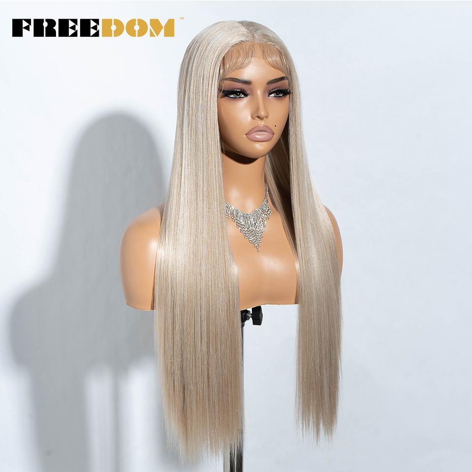 FREEDOM Long Straight Synthetic Lace Front Wigs For Women 30 Inch Ombre Blue Blonde Lace Wig Easy Wear Cosplay Wig