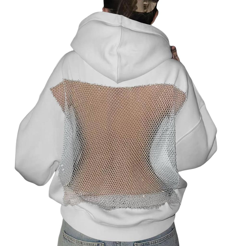 Women's Color Fashionable Backless Hollow Mesh Long Sleeved Hooded Sweatshirt