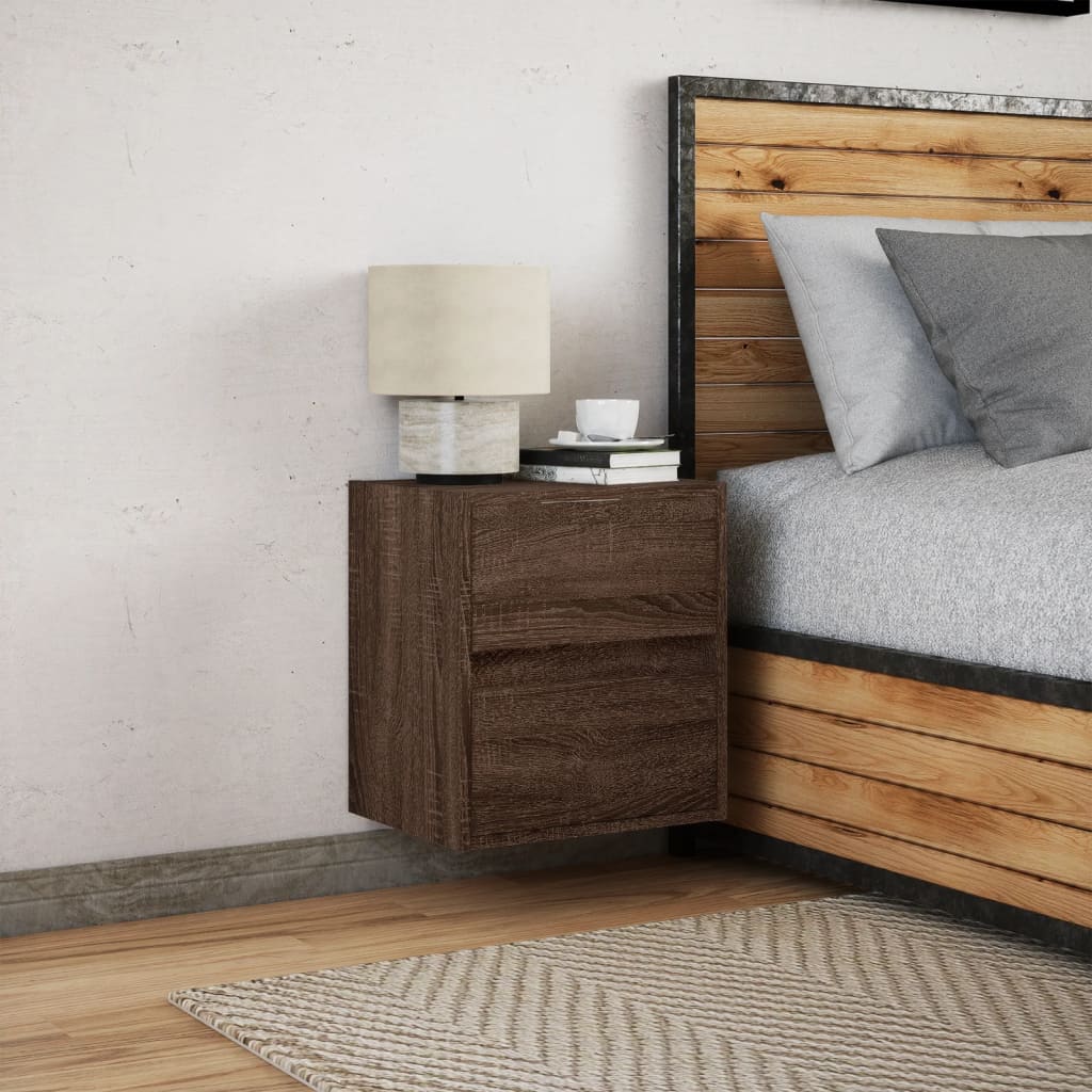 Wall Mounted Nightstand with LED Lighting Brown Oak Effect