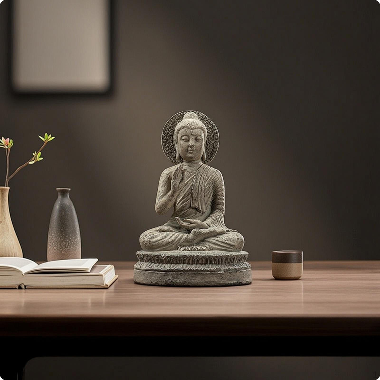 Buddha Statue StoneLook Figurine Weathered Tabletop with Base for Office Desk,