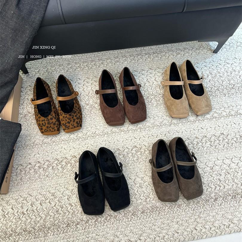 Retro Suede Leopard Print Square Head Flat Sole Single Shoes Versatile Soft Sole Word with Mary Jane Shoes