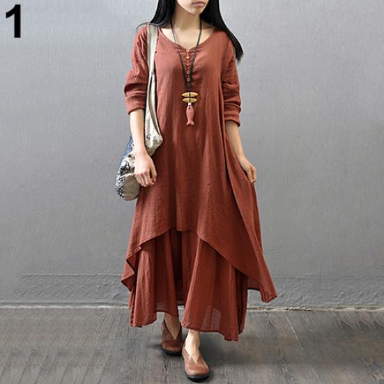 Women Fashion Autumn Casual Rayon Linen Long Sleeve Maxi Dress Kaftan