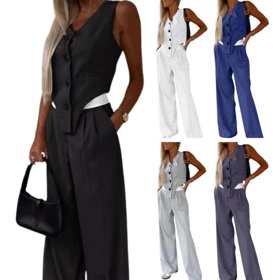 2 Pcs/Set Women Top Pants Suit Sleeveless V Neck Single-breasted Irregular Waistcoat Elastic High