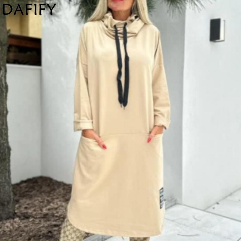 DAFIFY Women's Fashion Spring Fall Solid Color Print Long Sleeve High Neck Loose Waistline Casual Dresses