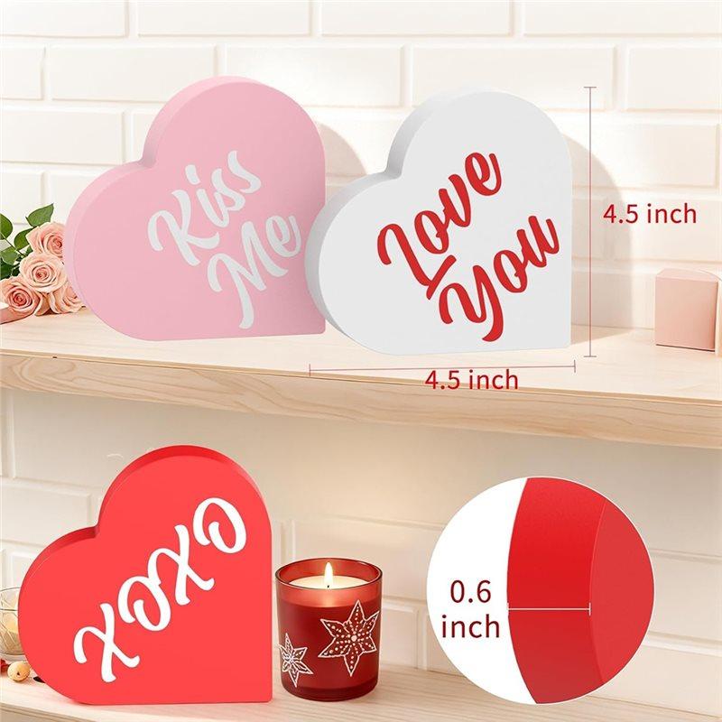 ABBP-Home Decor, 3-Piece Double-Sided Printed Wooden Heart-Shaped Ornament, Romantic Valentine's Day Decoration.