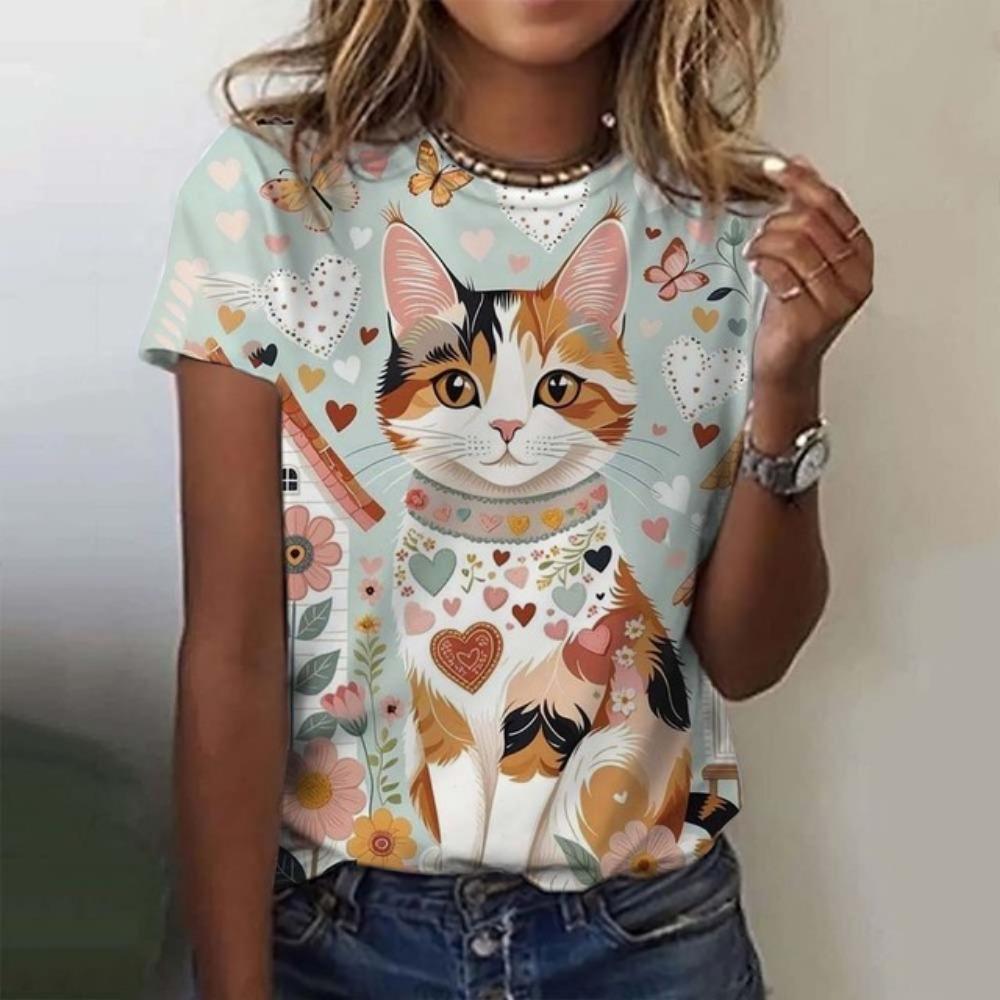 Christmas Women's T-Shirt Cute Art Cat Pattern 3D Printed Oversized T-Shirt  Summer New Fashion Women Clothing Y2k Female Tops
