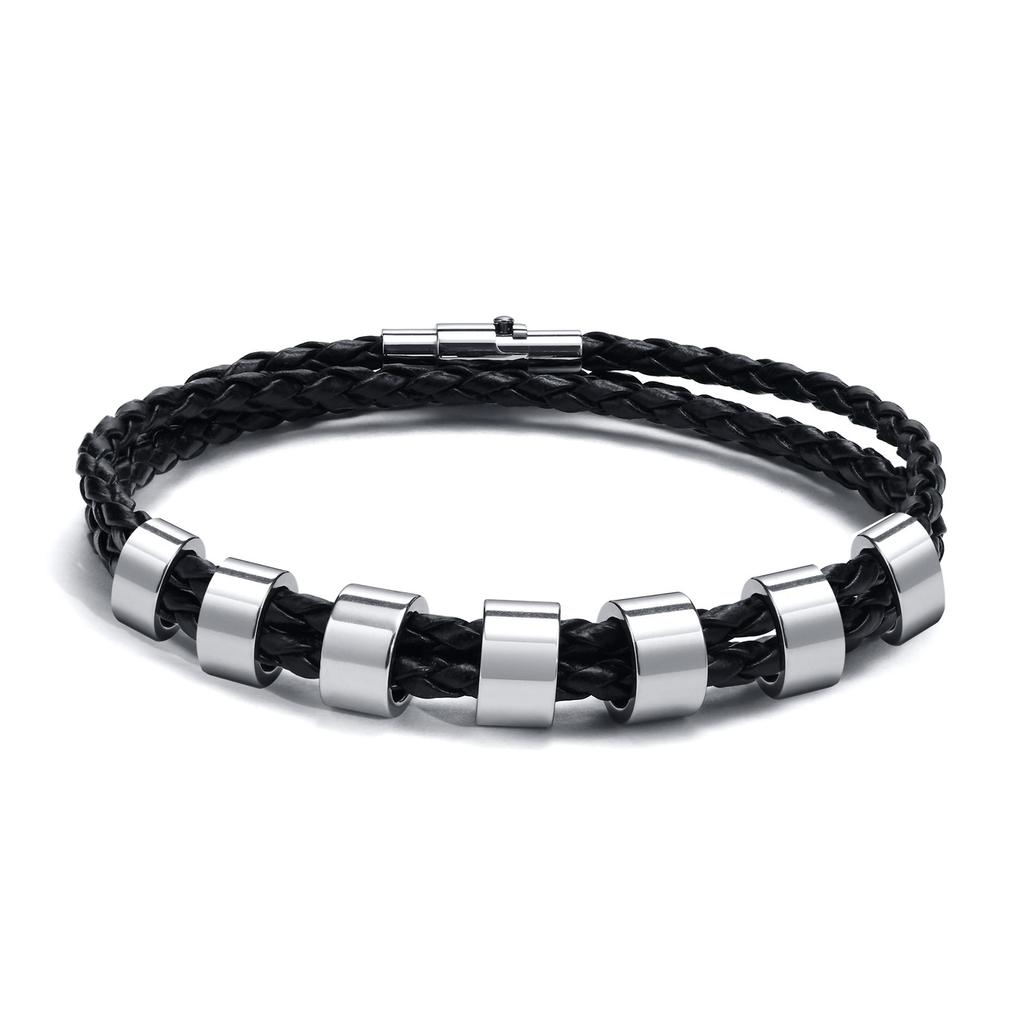 Vnox Free Custom Name Mens Braided Genuine Leather Bracelet Gifts Jewelry,Stainless Steel Beads Charm with Family Names,Dad Gift