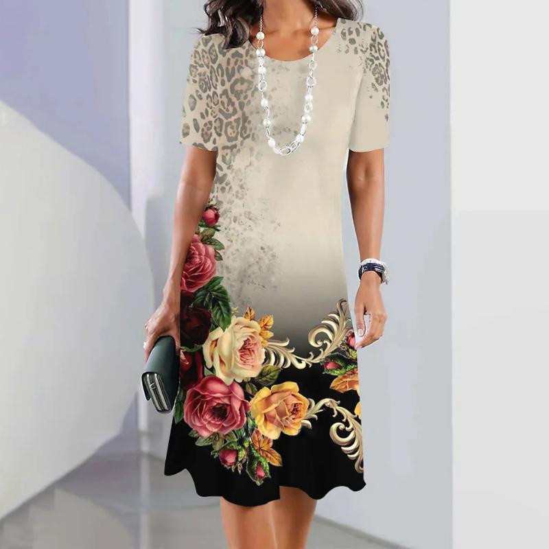 Women's Fashion Summer Spring Flower Pattern Print Short Sleeve O-Neck Casual Dresses