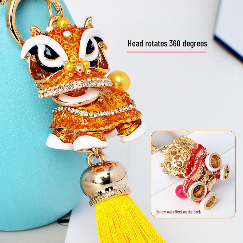 Chinese Red Tassel Dancing Lion Keychain with Rhinestone Charm