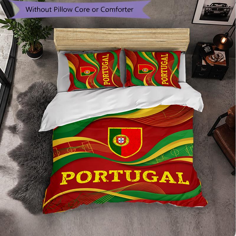 Portugal Football Pattern 3 Pieces Bedding Set Soft Microfiber Duvet Cover with Pillow Cases for Bedroom