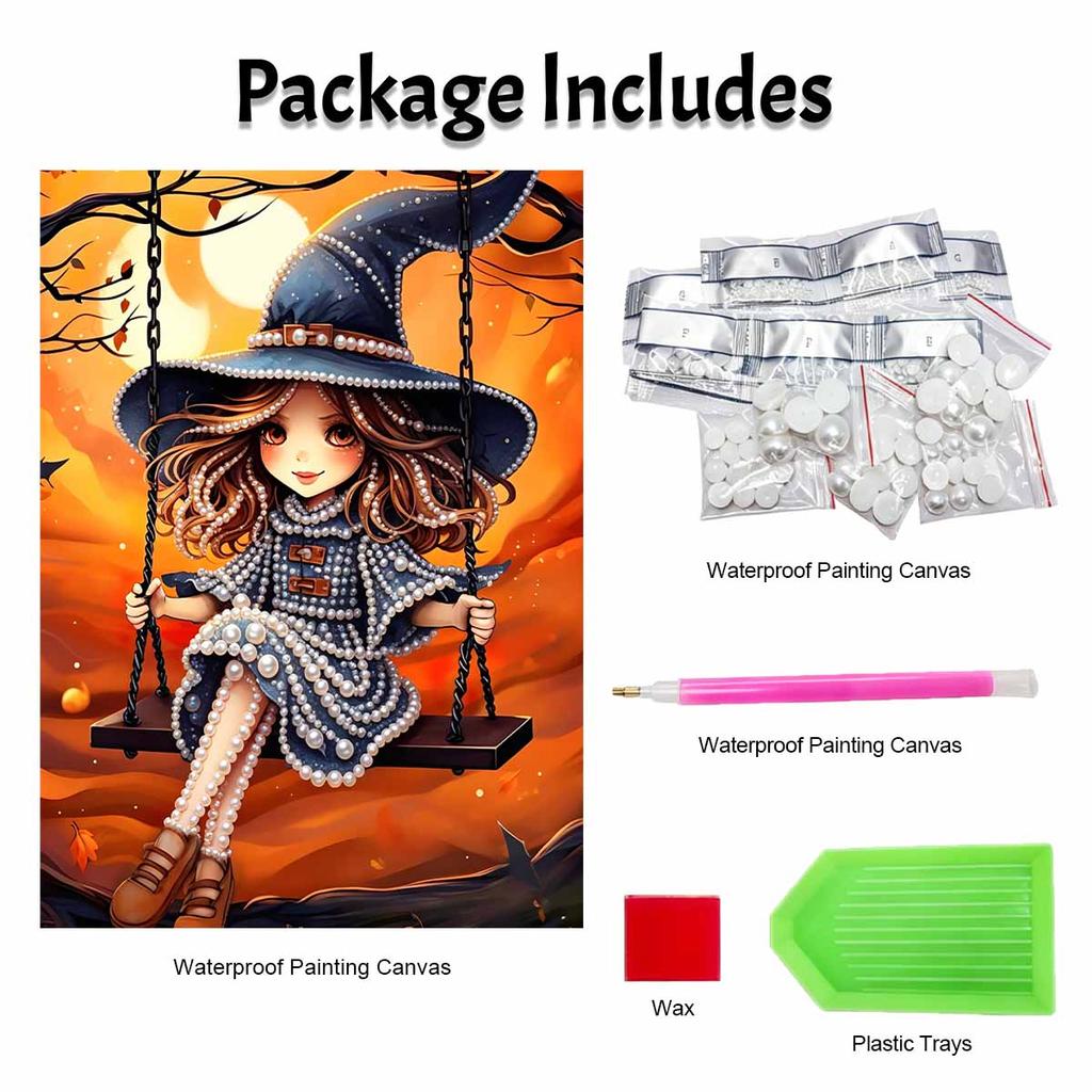 Pearl Painting DIY Kit Frameless Cute Witch Sitting On Swing Autumn Moon Pattern Shiny Bead Art Canvas Creative Wall Decor Gift Idea