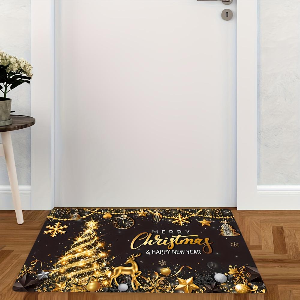 1pc Premium Flannel Christmas-Themed Mat, Luxurious Golden Tree and Reindeer Design Doormat, Non-Slip & Washable Mat for Living
