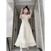 Square neck dress women's summer French high-end feeling super good-looking, beautiful, unique and beautiful waist temperament medium and long dress