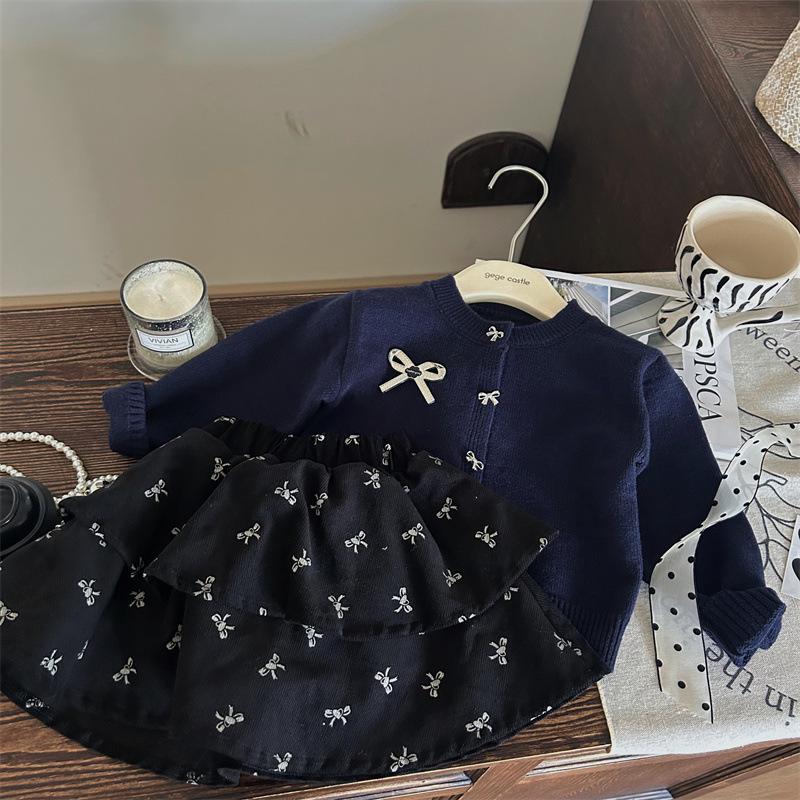 Final Sale: Autumn Girls' Bow Sweater Cardigan with Corduroy Skirt Pants - No Returns or Exchanges
