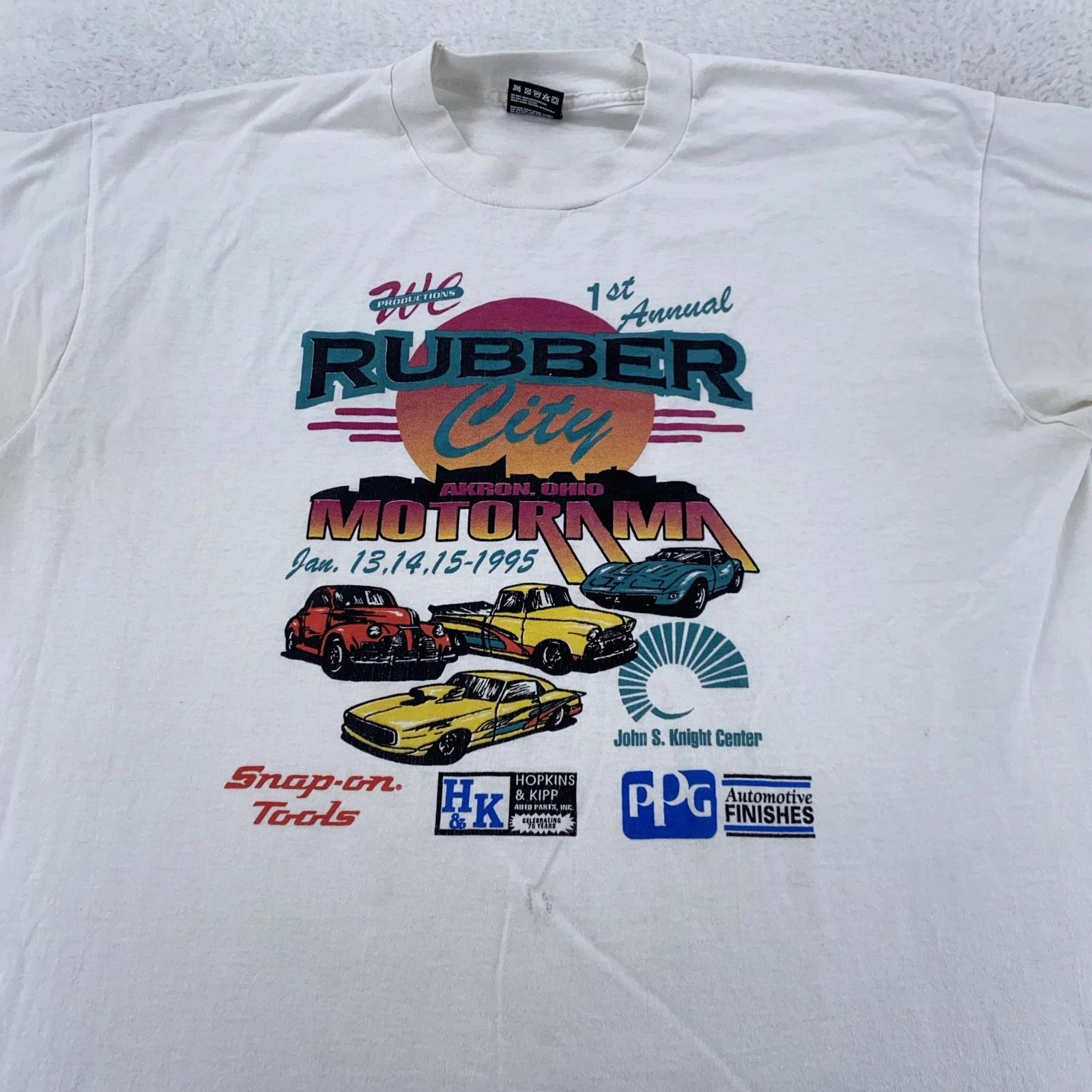 

Vintage Rubber City Motorama Snap On Shirt L/XL White Car Show Akron Ohio 90s S