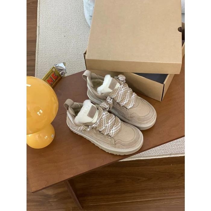 Sheepskin Wool Boots Women s Casual Lace-Up Low-Cut Snow Boots Leather Patchwork round Toe Modern Dance Rubber Outsole Boots 35