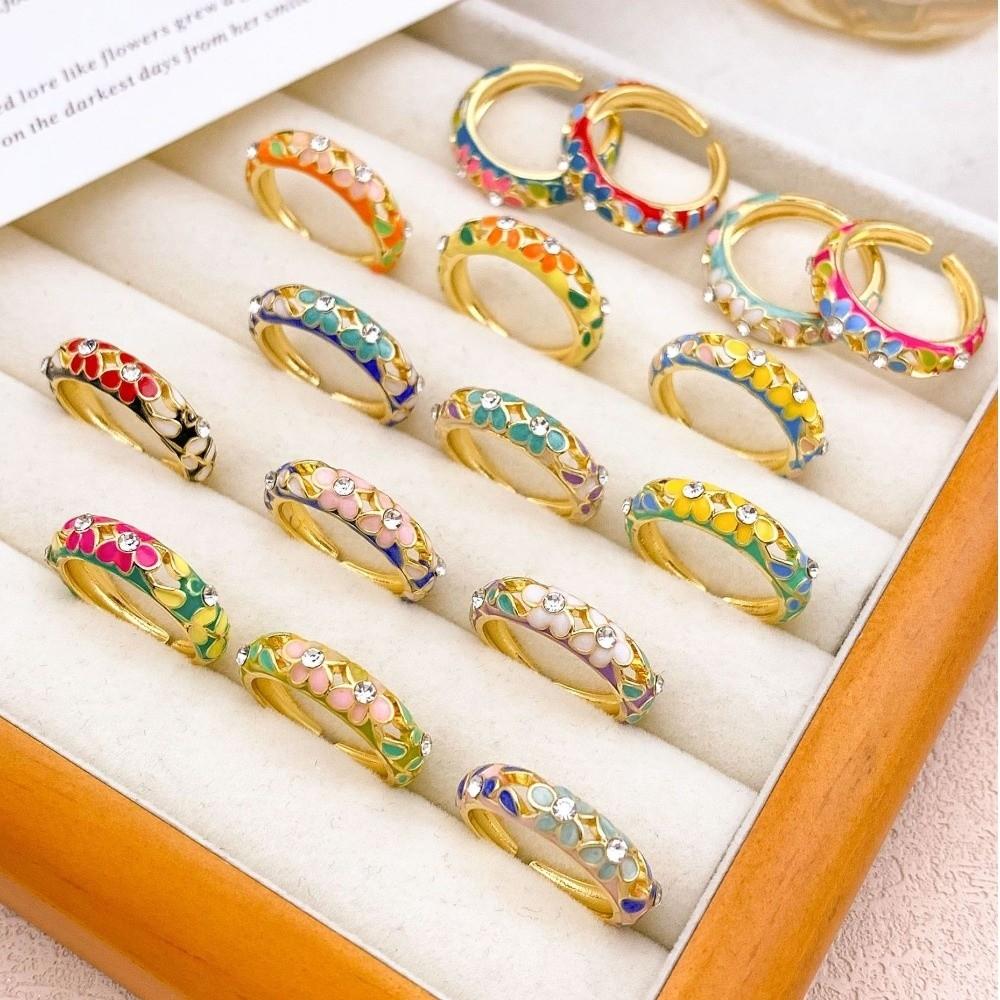 Hollow Out Vintage Geometric Rings Classic Gold Plated Ring Colorful Enamel Flower Rings  Romantic
