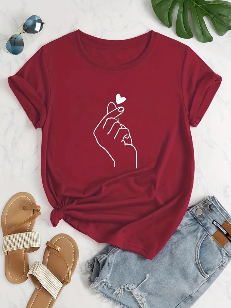 Finger Heart Print Unisex T-shirt Short Sleeve Crew Neck Casual Top for Summer & Spring WoUnisex Clothing Female TopsTees