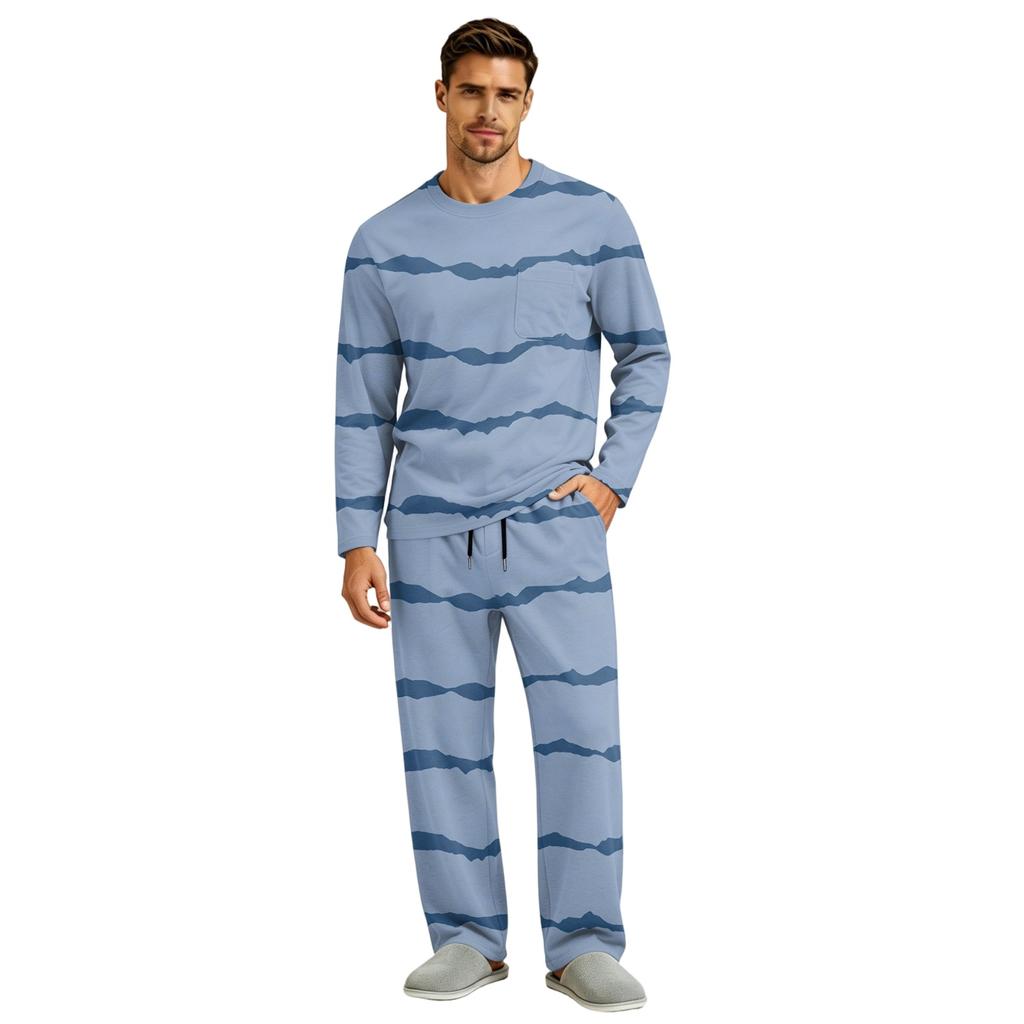 Men's Pajama Set Long Sleeve Top and Long Pants with Button Crotch and Elastic Drawstring Waist for Home Loungewear