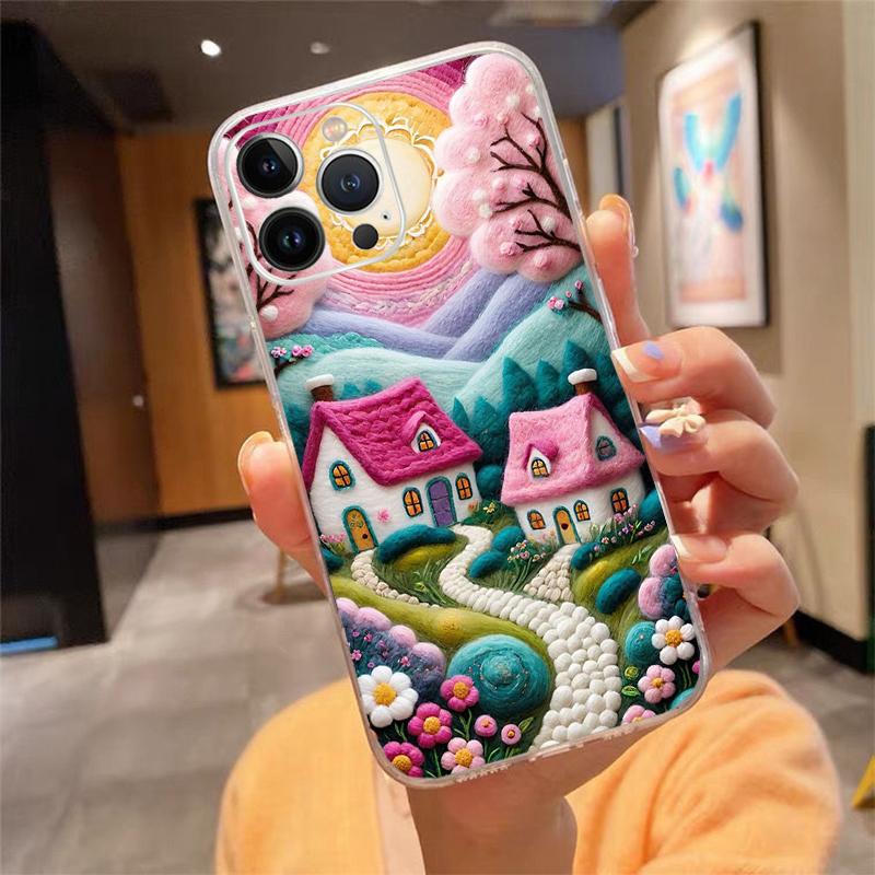 Phone Case For Iphone 17 16 Pro Max 15 14 13 Pro Max 17 Air 15 16 Pro 15Plus Cozy Crochet Winter Village Art
