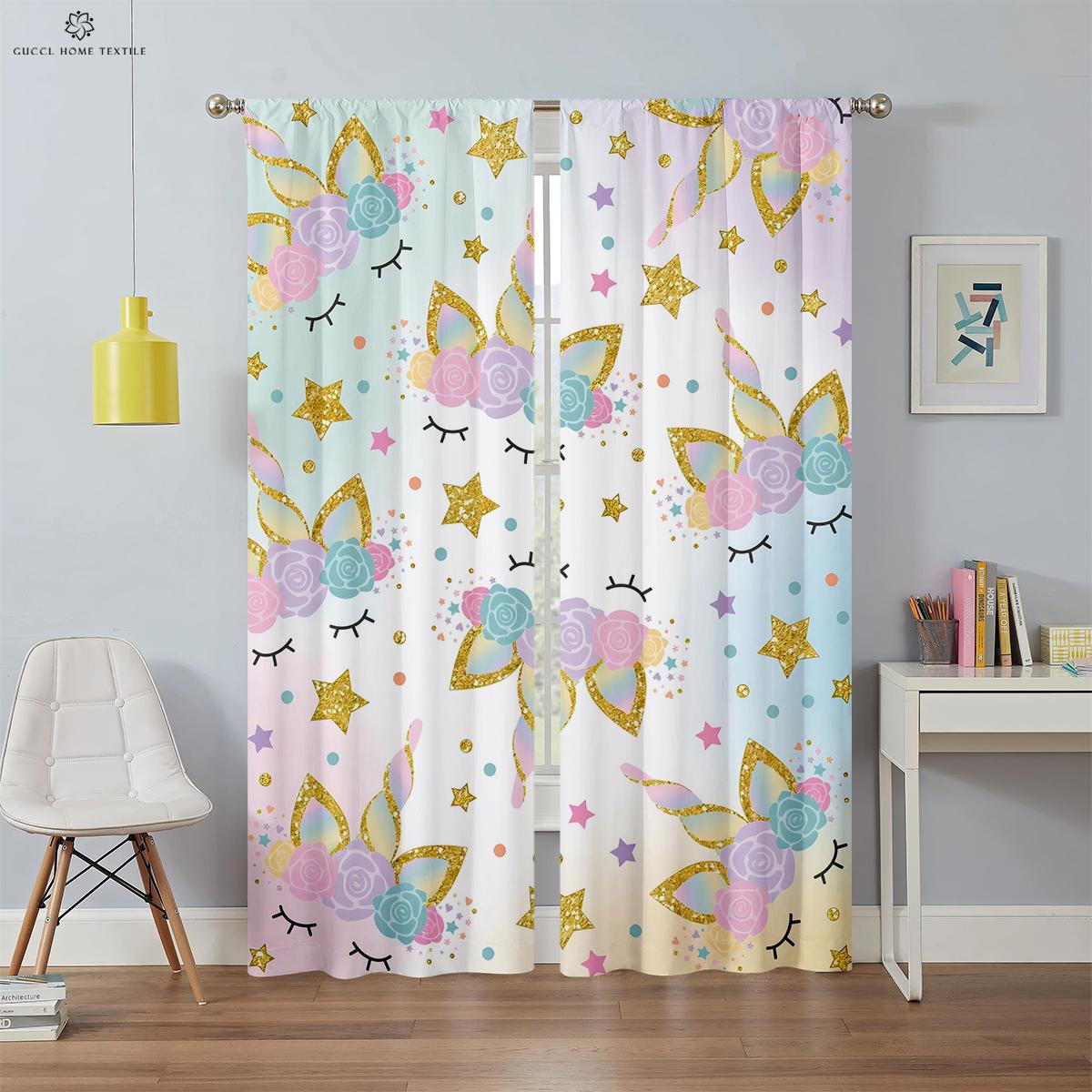 

Cartoon Rainbow Fantasy Unicorn Drapes for Children, Suitable for Bedroom, Living Room, Balcony, Kitchen, High Quality W50xH130(CM)x2PCS&Grommet Top