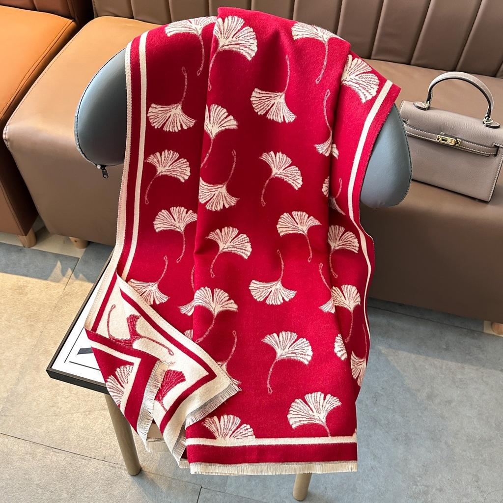 Korean Atmosphere Scarf Women'S Spring, Autumn And Winter Double-Sided Ginkgo Biloba Leaves Thickened Long Imitation Cashmere Air-Conditioned Room