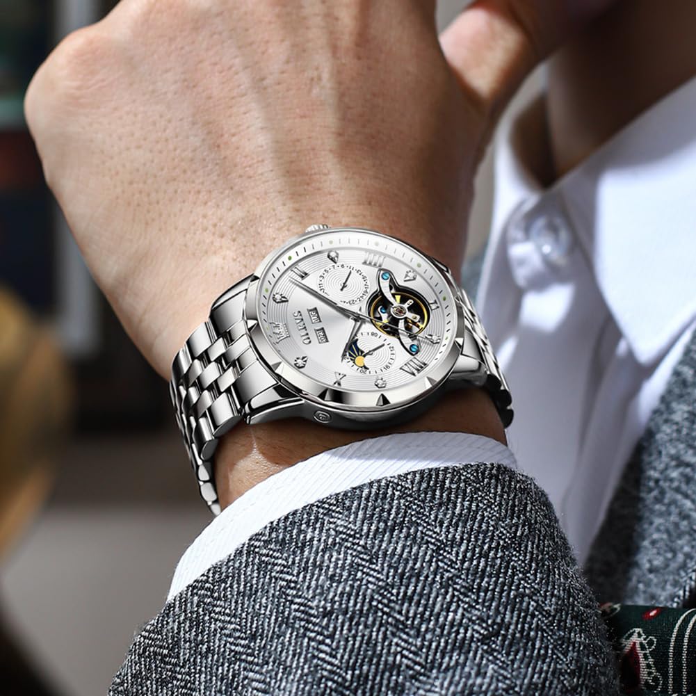 OLEVS Mechanical Automatic Winding Moon Phase Stylish Skeleton Waterproof Popular Watch Luminous Watch for Men White Men's