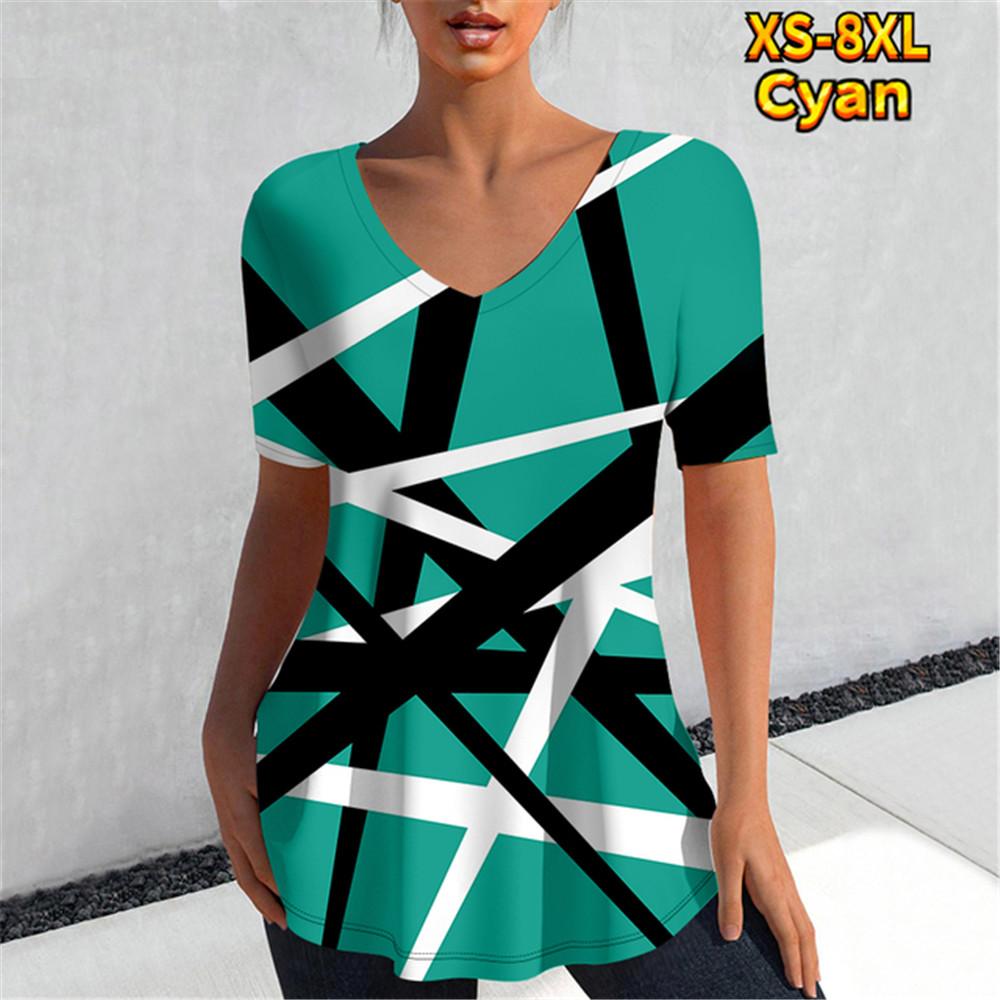 T-skjorte Dame Kontrastfargesøm Digital 3D-trykk Topper Casual T-skjorter Sommer Kort Erm Ny Rund Hals Skjorter Femme