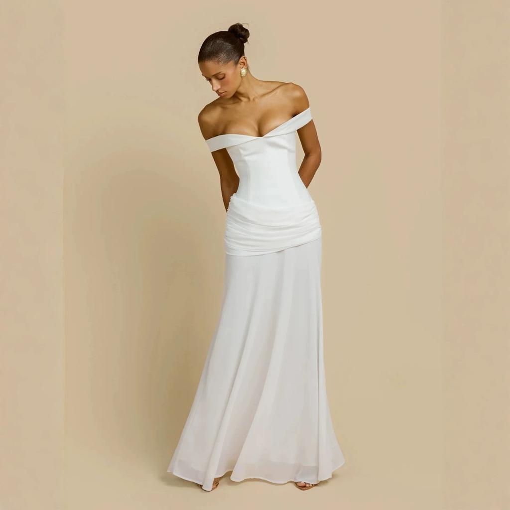Party atmosphere dress, European and American one-word shoulder tube top, waist pleated temperament long dress