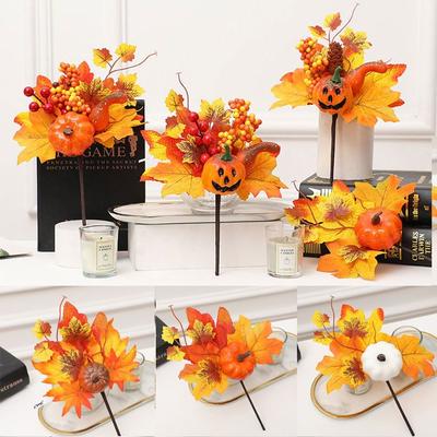 1pc Artificial Maple Leaf Pumpkin Berry Branches Harvest Autumn Decoration Ornament Halloween Decor Home Thanksgiving DIY Crafts