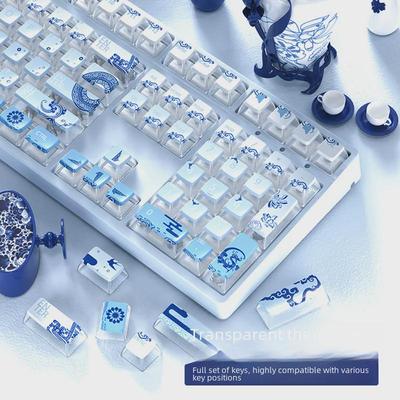 Blau-weißes PBT-Tastenkappen-Set mit Farbverlauf aus Porzellan und transparenten Kristalllichteffekten für mechanische Tastaturen (61/87/108 Tasten)