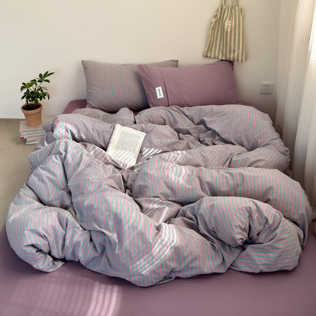 Japanese Style 100% Cotton Bedding Set King Queen Size Minimalist Striped Duvet Cover Set Comforter Cover Bed Sheet Pillow Cases