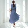 Blue Beryl Long Pleated Chiffon Dress with Long Urban Elegant and [Original Color] Women's Sleeves, Style, Casual, Blue, BB054-BL-M